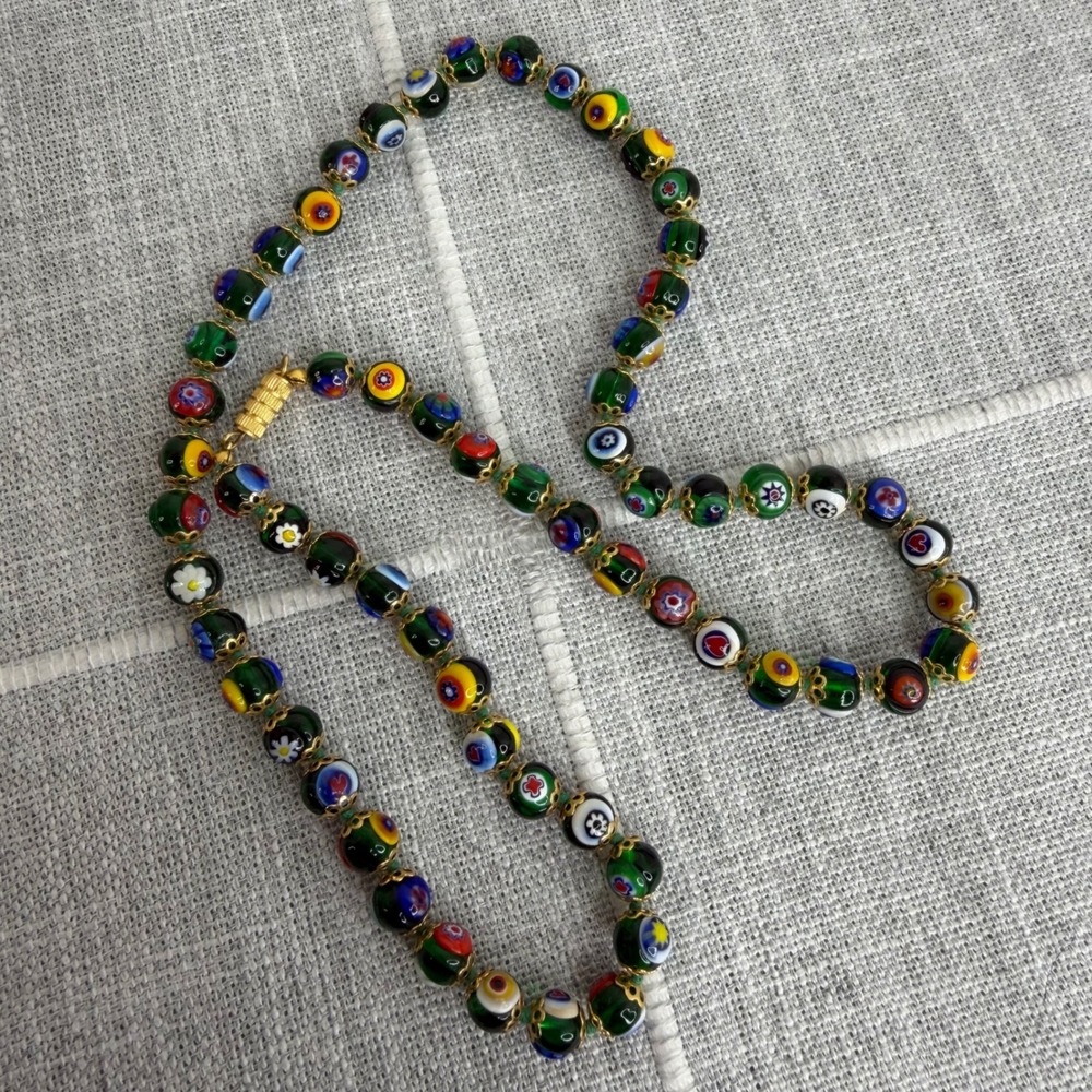 Millefiori Murano Glass Knotted Italian Floral Beaded Necklace 24" VTG - Picture 9 of 11